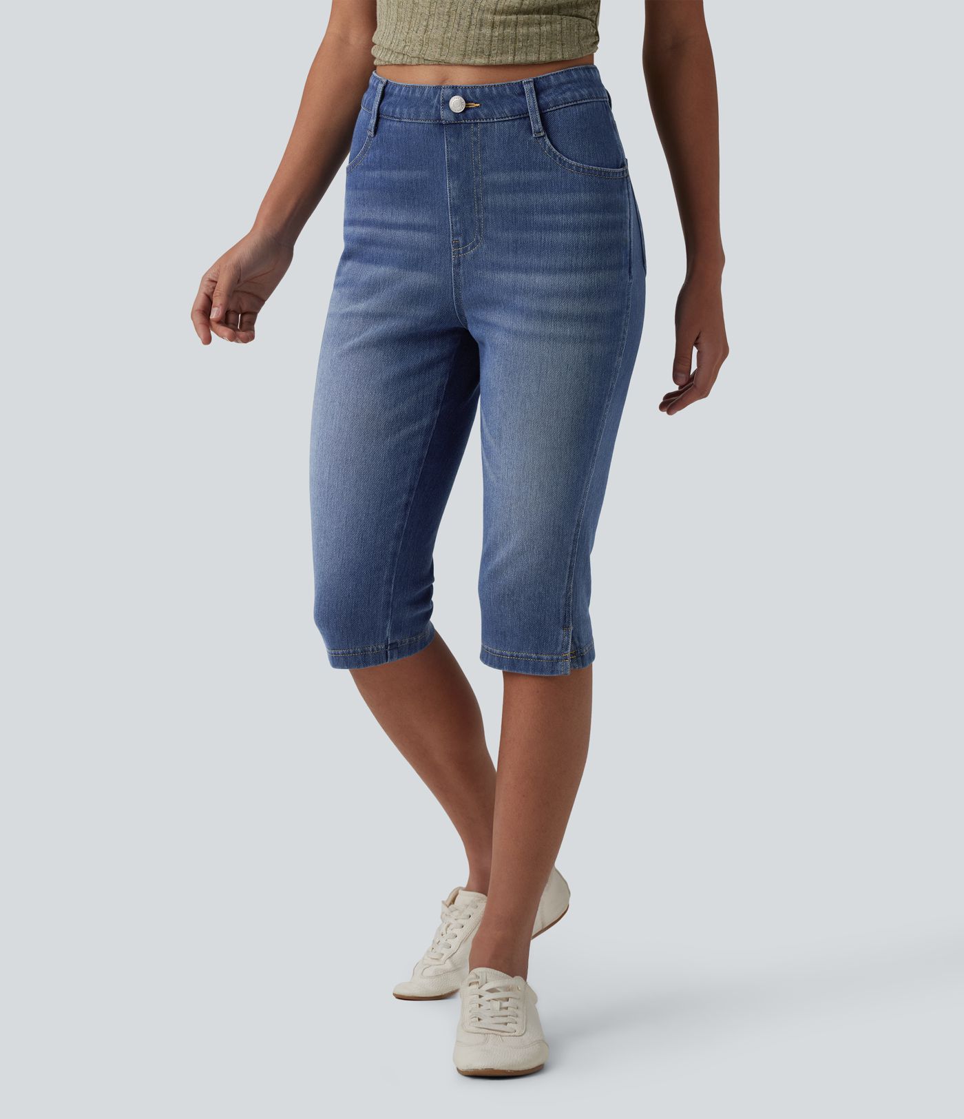 Halara Flex™ Jean pantacourt slim taille mi-haute à ourlet fendu, décontracté, avec poches