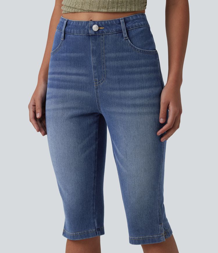 Halara Flex™ Jean pantacourt slim taille mi-haute à ourlet fendu, décontracté, avec poches