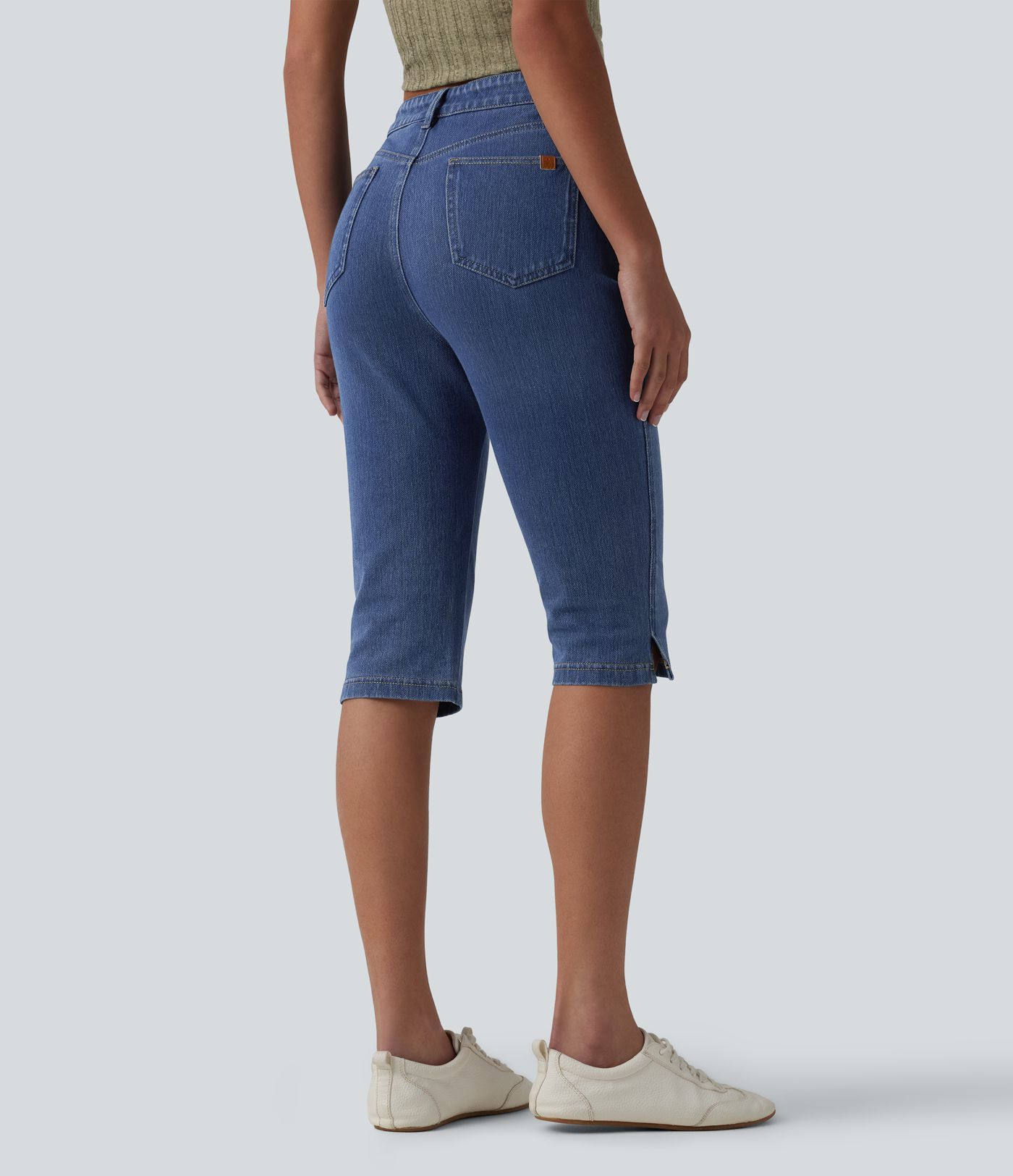 Halara Flex™ Jean pantacourt slim taille mi-haute à ourlet fendu, décontracté, avec poches