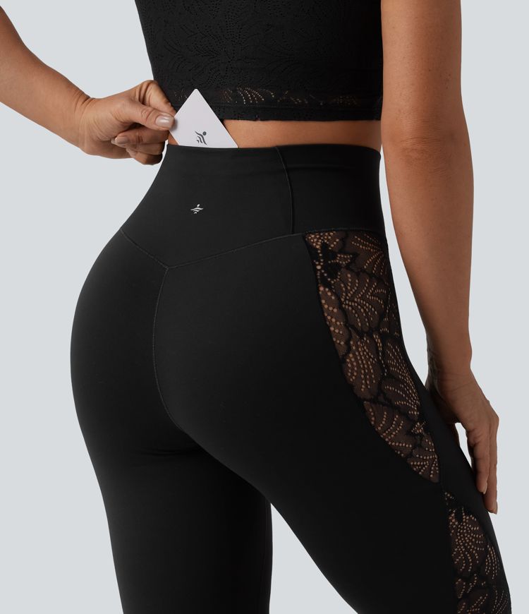 SoftlyZero™ High Waisted Crossover Contrast Lace Pedal Pusher Yoga Leggings with Pocket-UPF50+