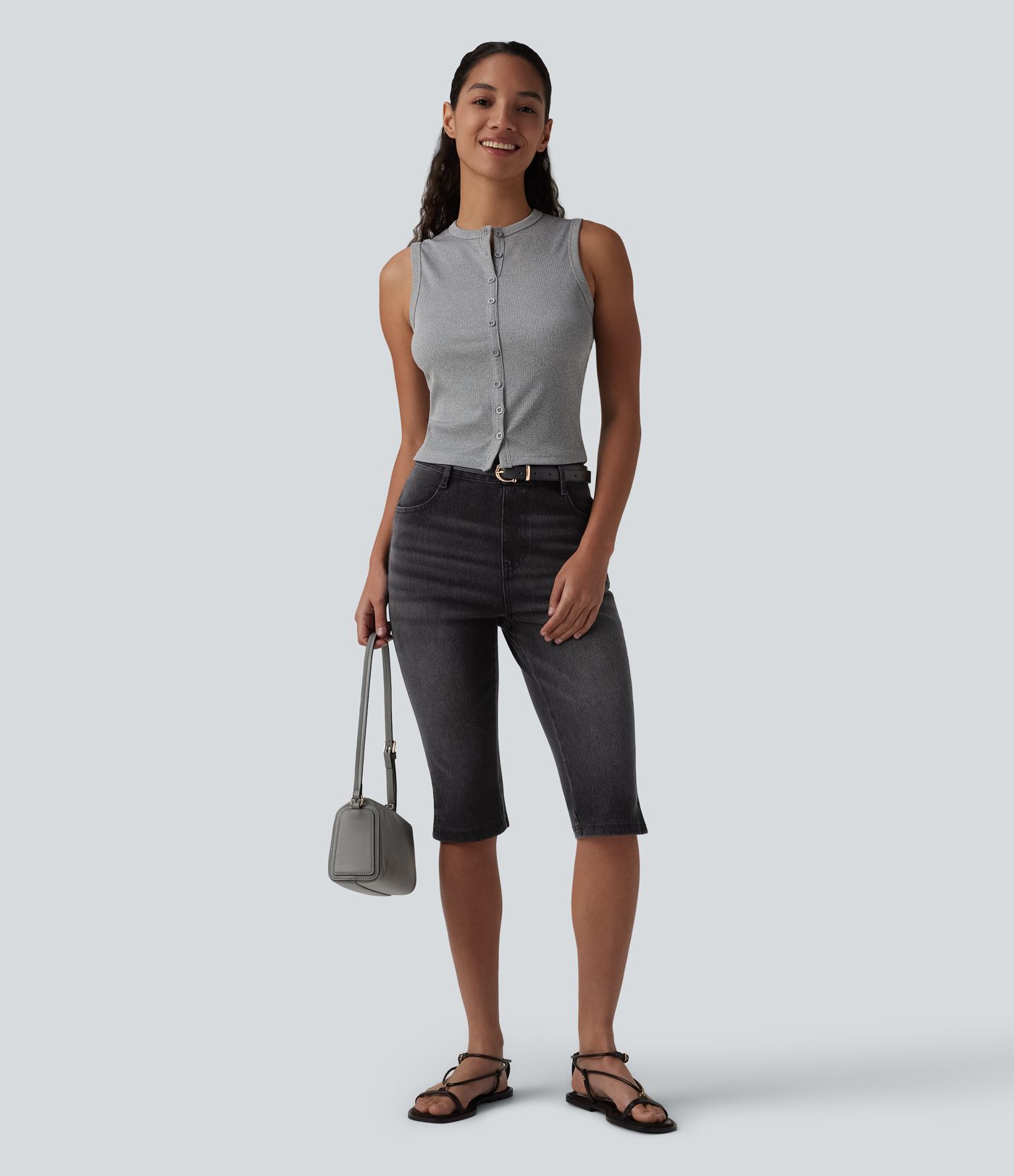 Halara Flex™ jeans casual slim de tiro medio con abertura en el bajo, estilo pedal pushers, con bolsillos