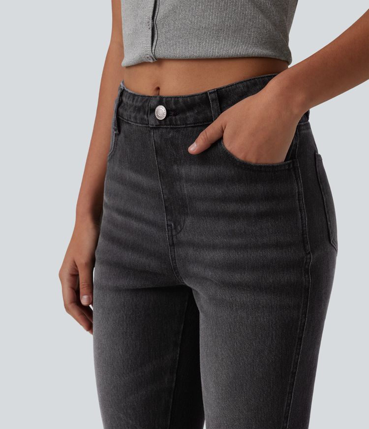 Halara Flex™ jeans casual slim de tiro medio con abertura en el bajo, estilo pedal pushers, con bolsillos