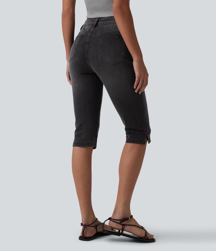 Halara Flex™ jeans casual slim de tiro medio con abertura en el bajo, estilo pedal pushers, con bolsillos