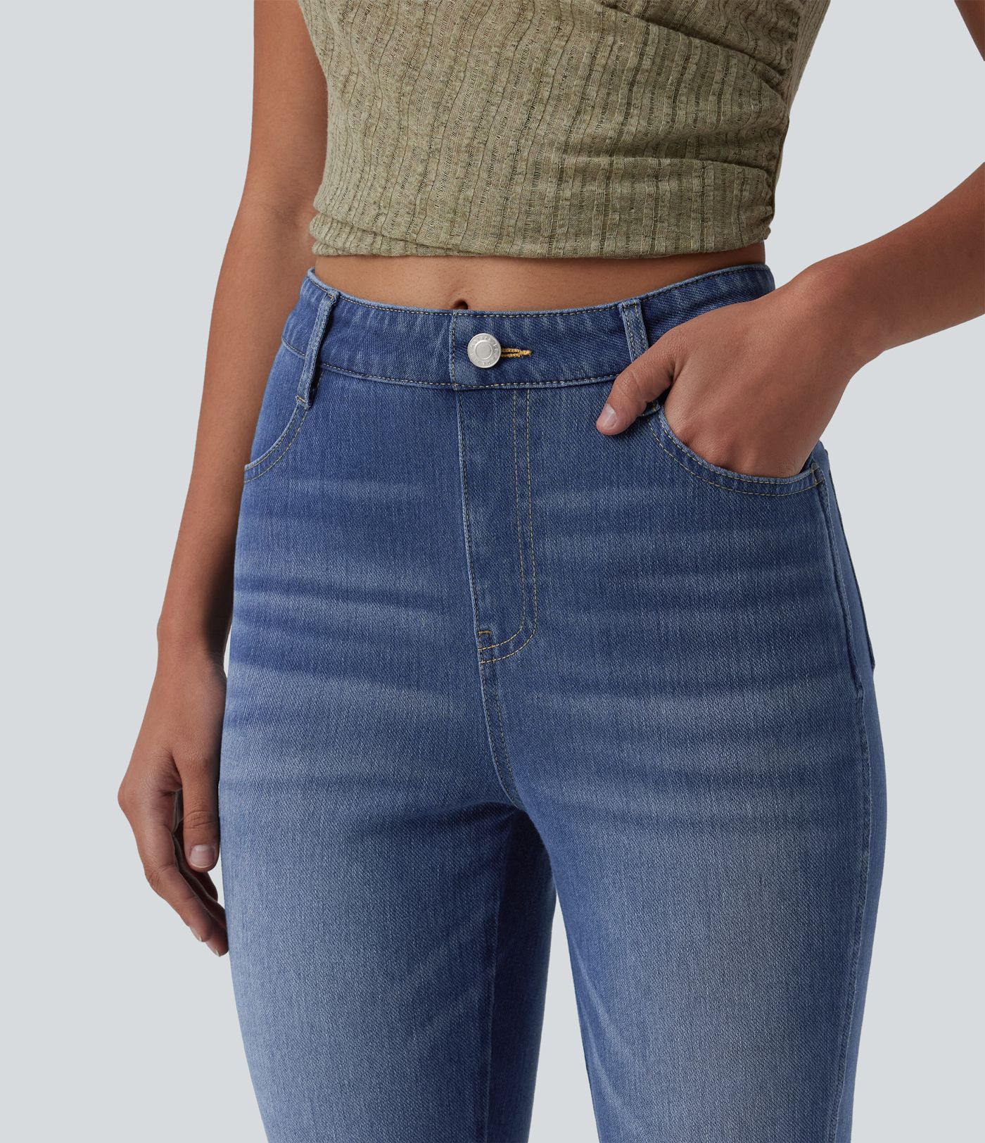 Halara Flex™ Jean pantacourt slim taille mi-haute à ourlet fendu, décontracté, avec poches
