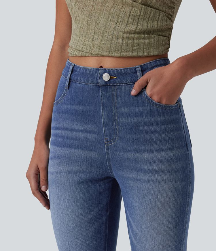 Halara Flex™ Jean pantacourt slim taille mi-haute à ourlet fendu, décontracté, avec poches