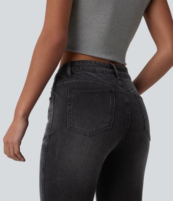 Halara Flex™ jeans casual slim de tiro medio con abertura en el bajo, estilo pedal pushers, con bolsillos