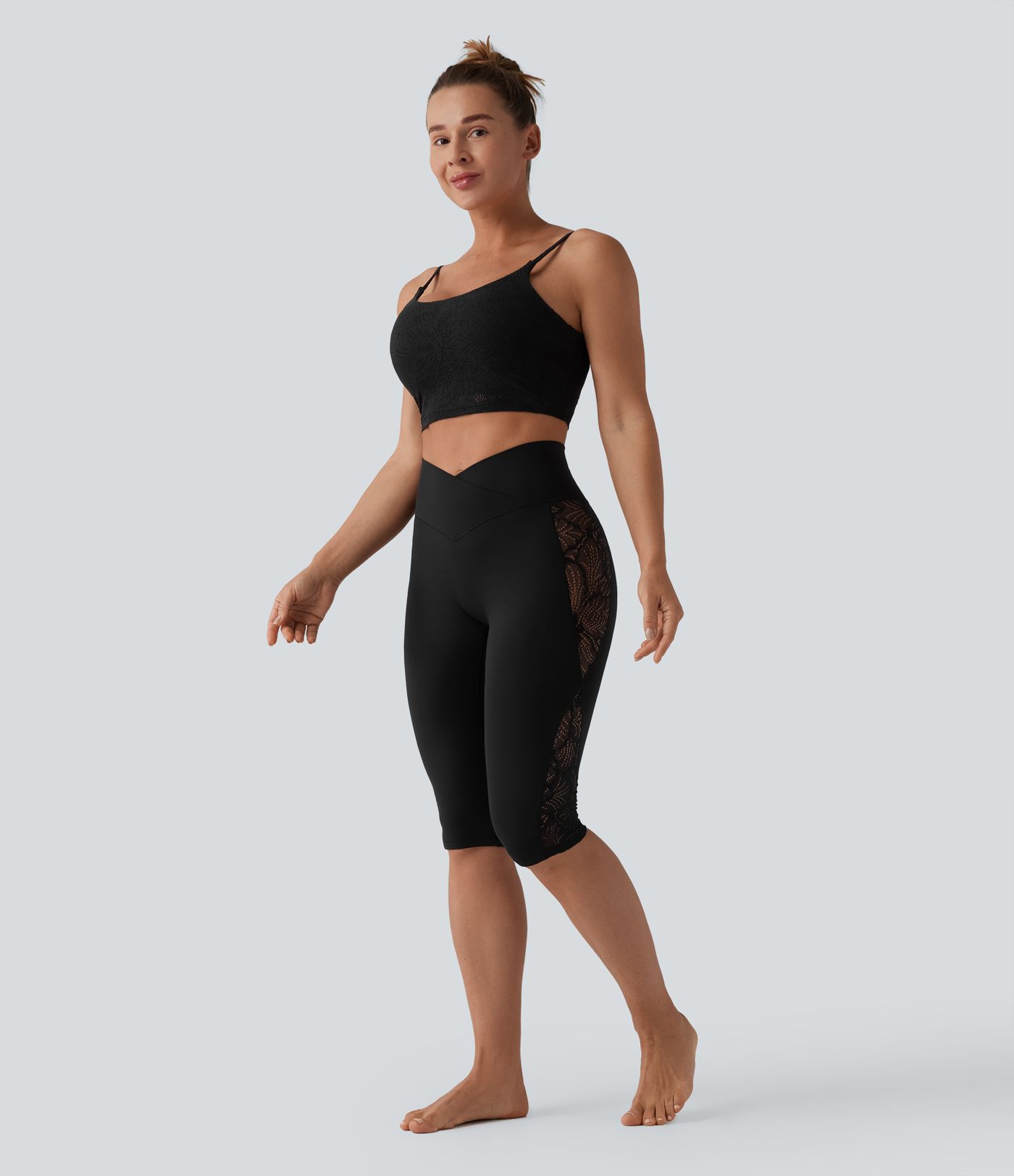 SoftlyZero™ High Waisted Crossover Contrast Lace Pedal Pusher Yoga Leggings with Pocket-UPF50+