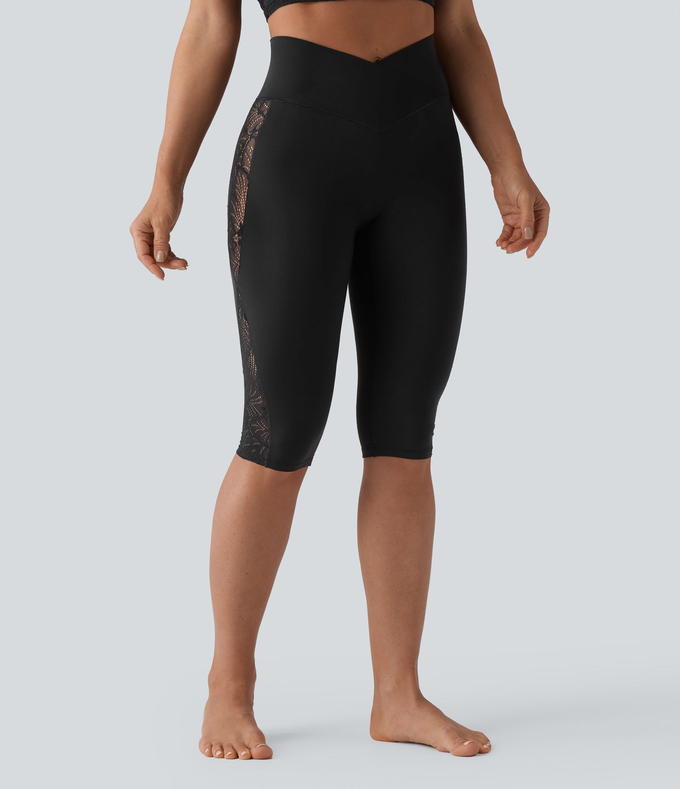 SoftlyZero™ High Waisted Crossover Contrast Lace Pedal Pusher Yoga Leggings with Pocket-UPF50+