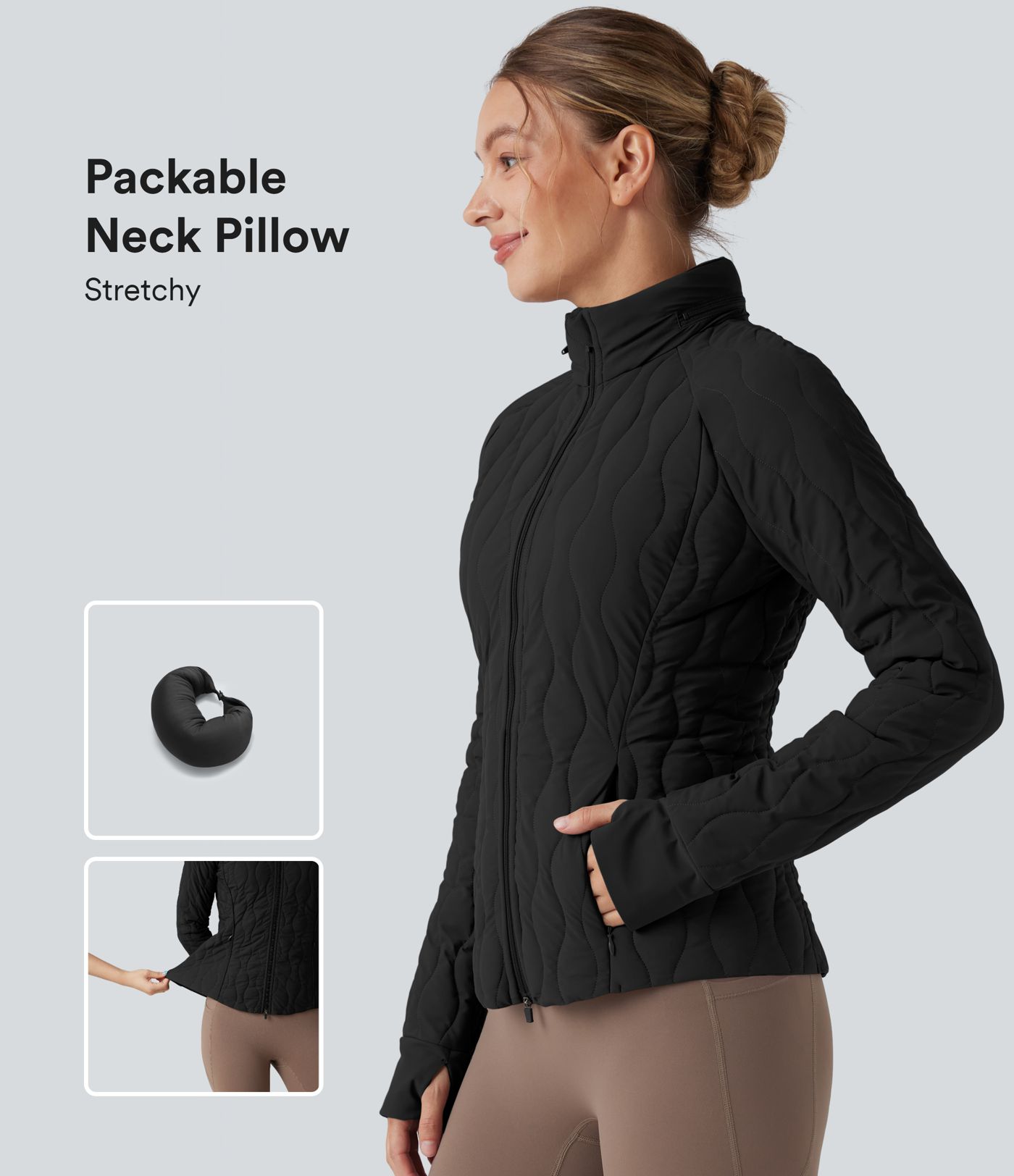 Workout-Stretch-Steppjacke mit hohem Kragen, Seitentaschen, langen Ärmeln und Daumenlöchern - verstaubar Workout-Stretch-Steppjacke mit hohem Kragen, Seitentaschen, langen Ärmeln und Daumenlöchern - verstaubar