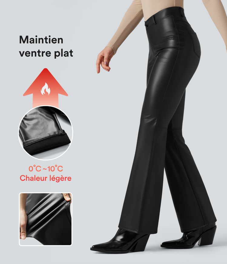 Pantalon évasé asymétrique polaire PU gainant extensible taille haute avec poches Pantalon évasé asymétrique polaire PU gainant extensible taille haute avec poches