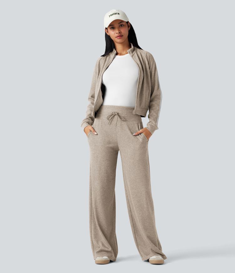 Ribbed Knit High Waisted Tummy Control Drawstring Casual Wide Leg Pants with Pockets