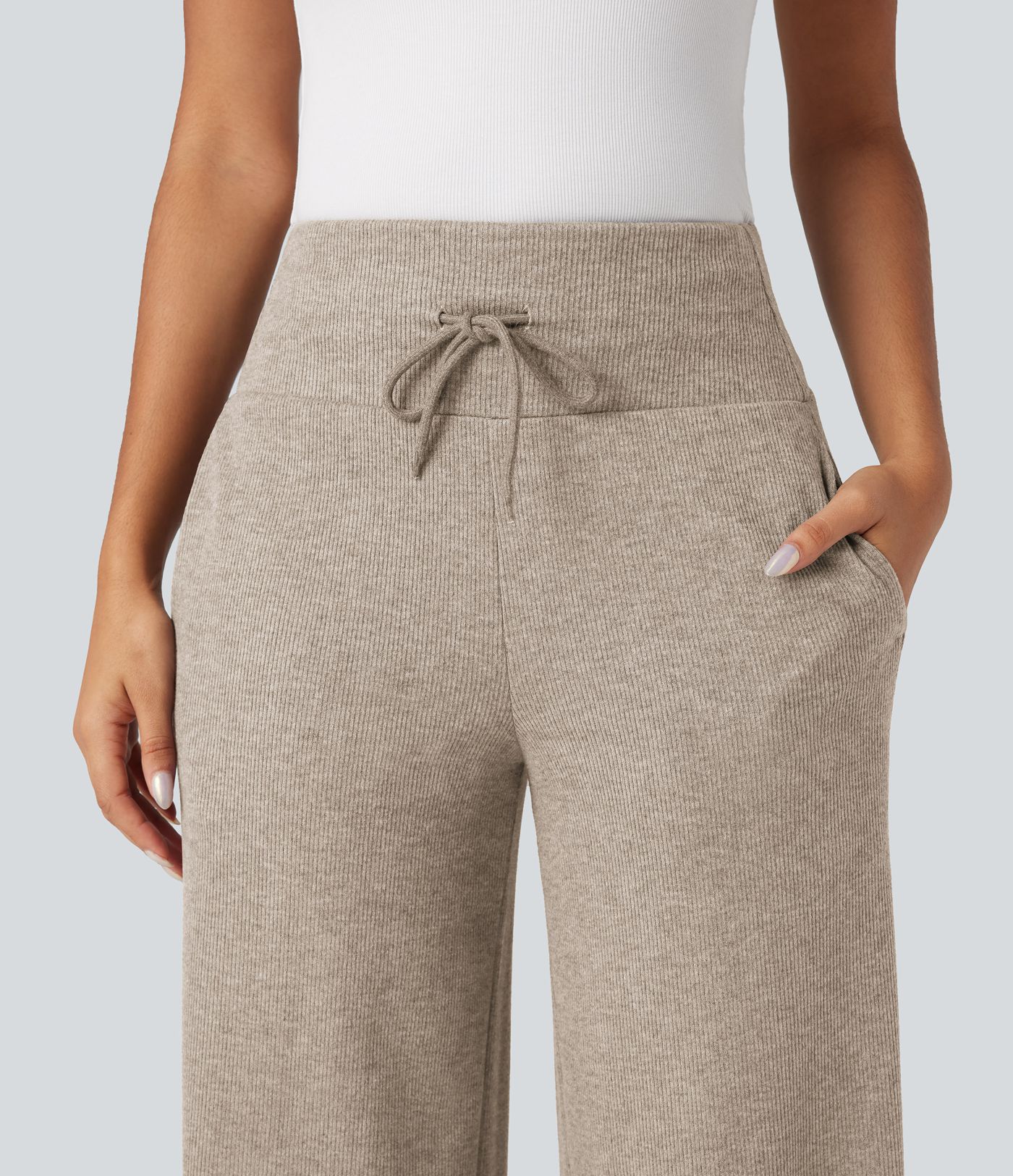 Ribbed Knit High Waisted Tummy Control Drawstring Casual Wide Leg Pants with Pockets