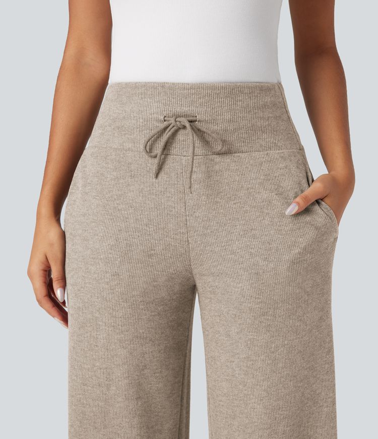 Ribbed Knit High Waisted Tummy Control Drawstring Casual Wide Leg Pants with Pockets