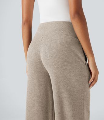 Ribbed Knit High Waisted Tummy Control Drawstring Casual Wide Leg Pants with Pockets