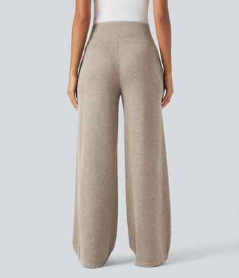 Ribbed Knit High Waisted Tummy Control Drawstring Casual Wide Leg Pants with Pockets