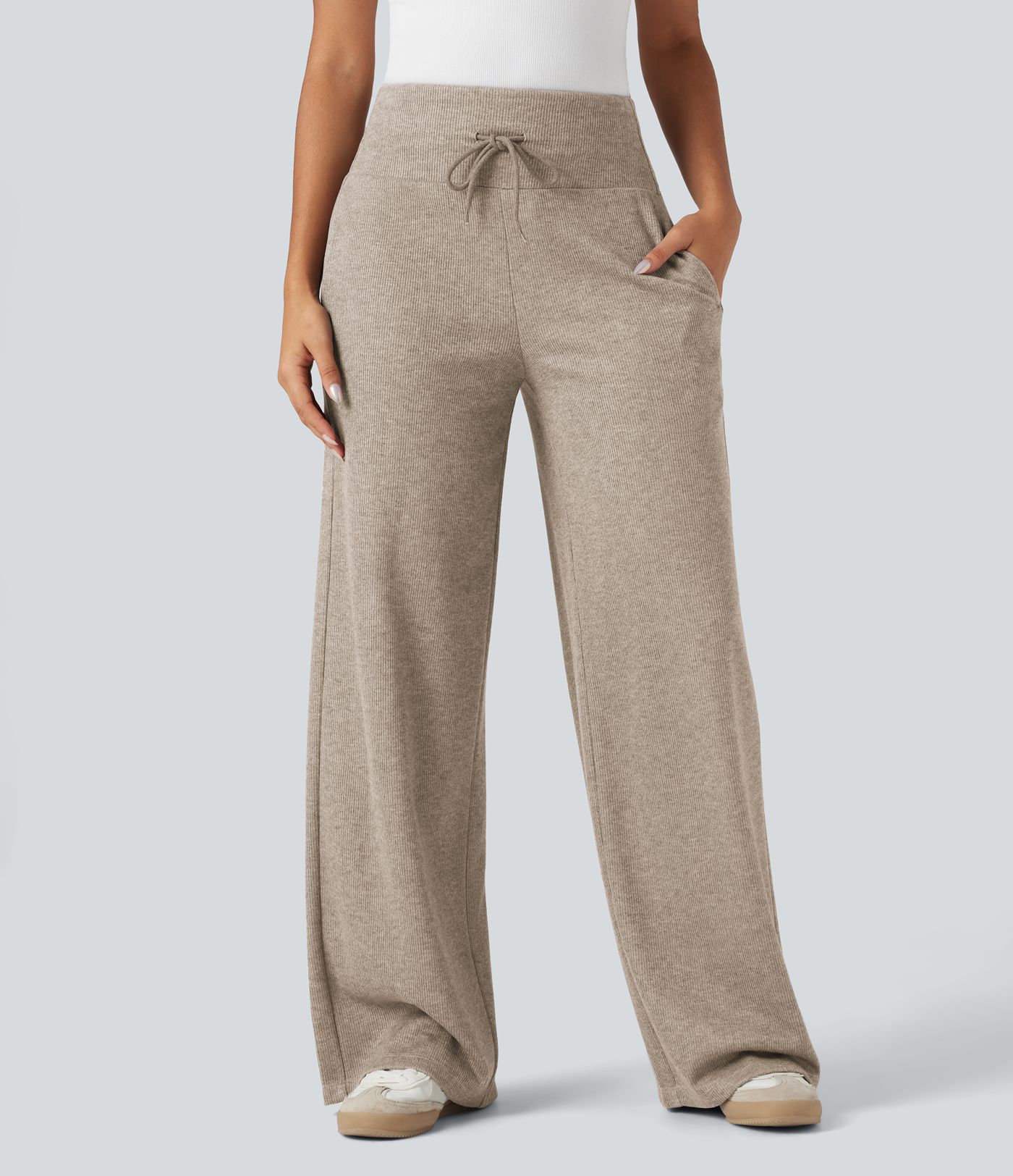 Ribbed Knit High Waisted Tummy Control Drawstring Casual Wide Leg Pants with Pockets