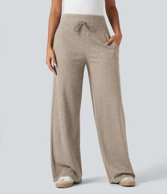 Ribbed Knit High Waisted Tummy Control Drawstring Casual Wide Leg Pants with Pockets