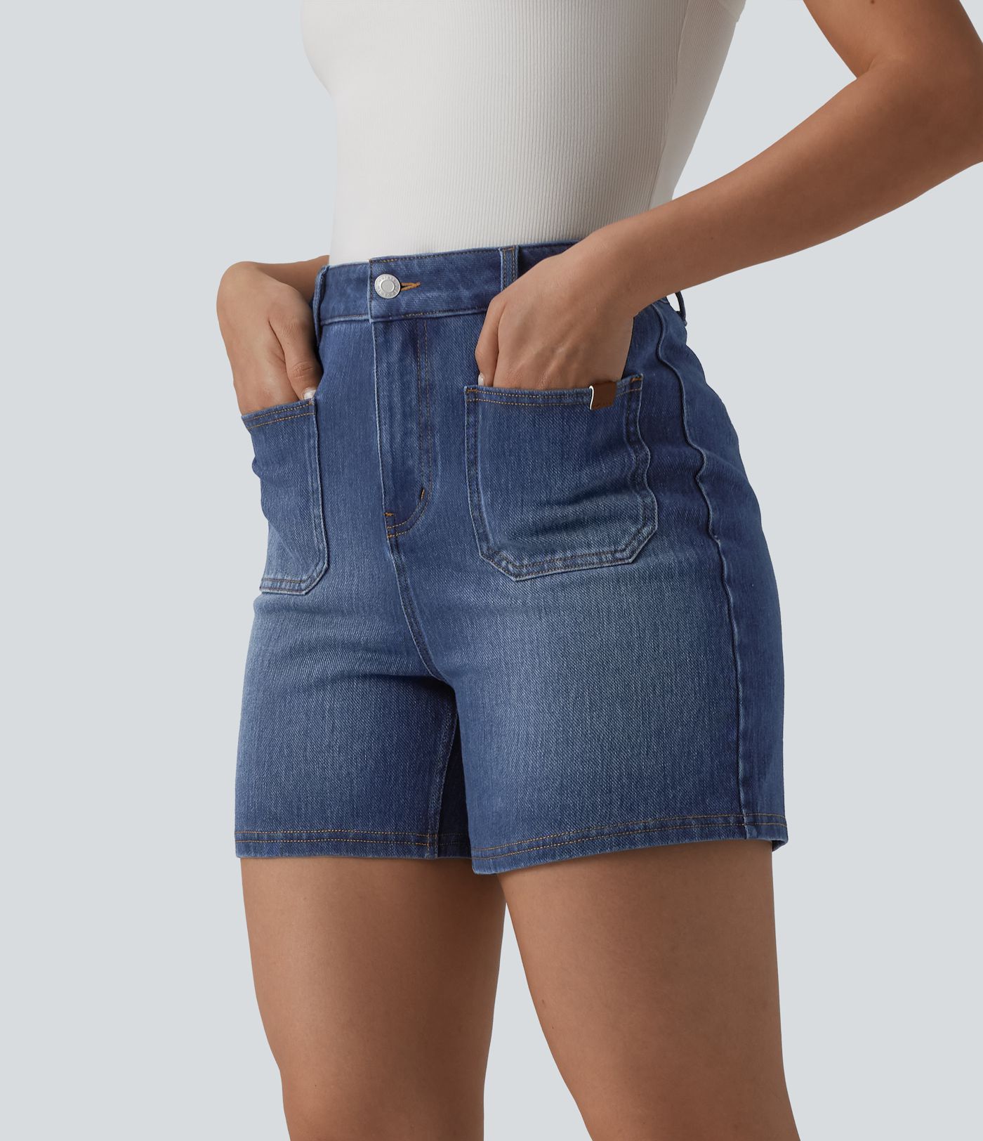 Halara Flex™ High Waisted Washed Denim Casual Shorts 4'' with Pockets Halara Flex™ High Waisted Washed Denim Casual Shorts 4'' with Pockets