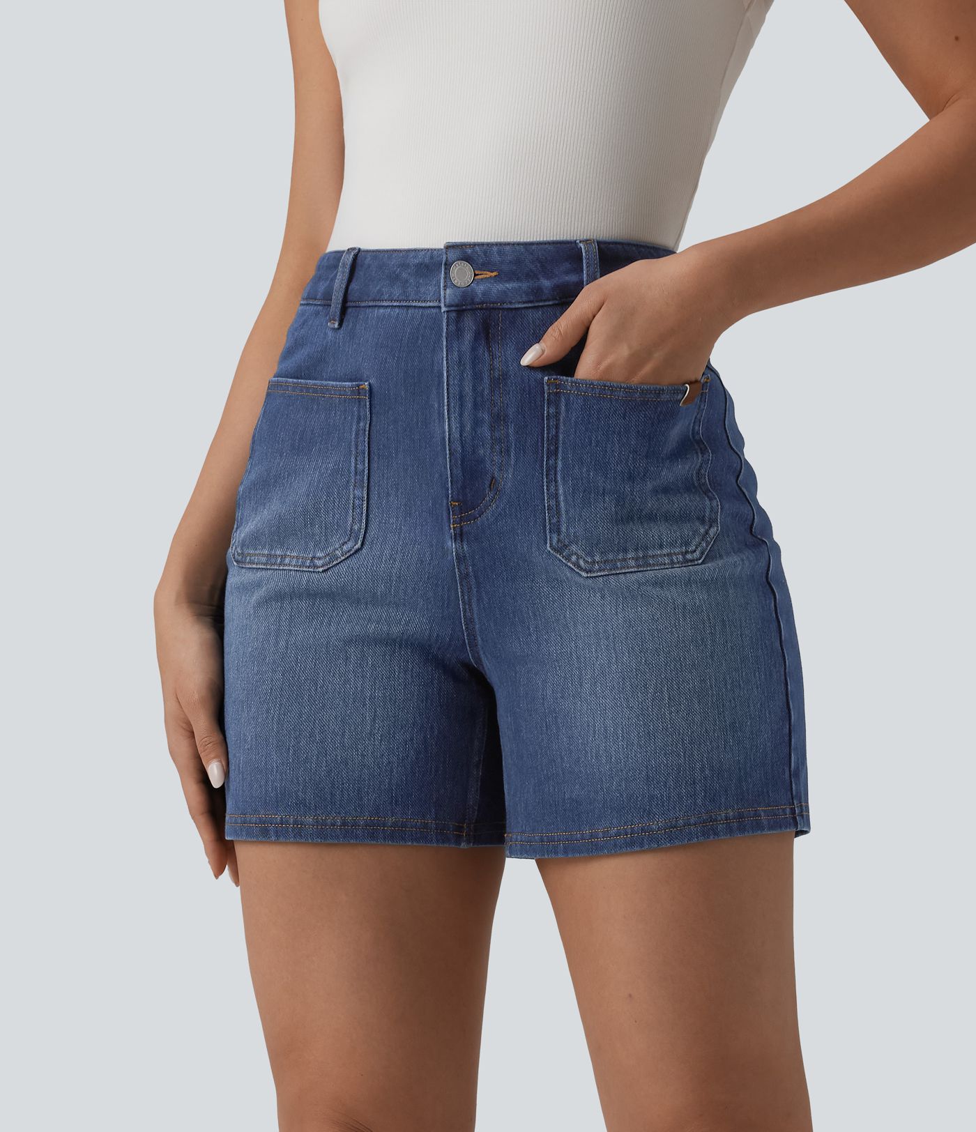 Halara Flex™ High Waisted Washed Denim Casual Shorts 4'' with Pockets Halara Flex™ High Waisted Washed Denim Casual Shorts 4'' with Pockets