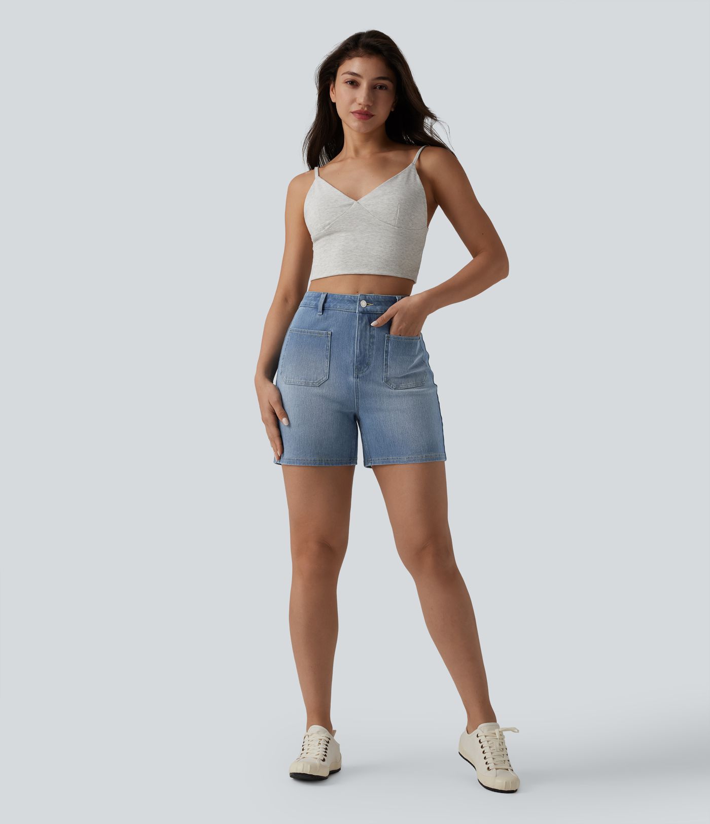 Halara Flex™ Denim-Shorts mit hohem Bund, gewaschen, lässig, 4'' mit Taschen Halara Flex™ Denim-Shorts mit hohem Bund, gewaschen, lässig, 4'' mit Taschen