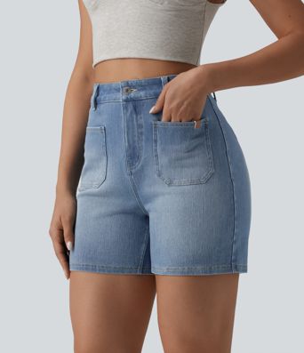 Halara Flex™ Denim-Shorts mit hohem Bund, gewaschen, lässig, 4'' mit Taschen Halara Flex™ Denim-Shorts mit hohem Bund, gewaschen, lässig, 4'' mit Taschen