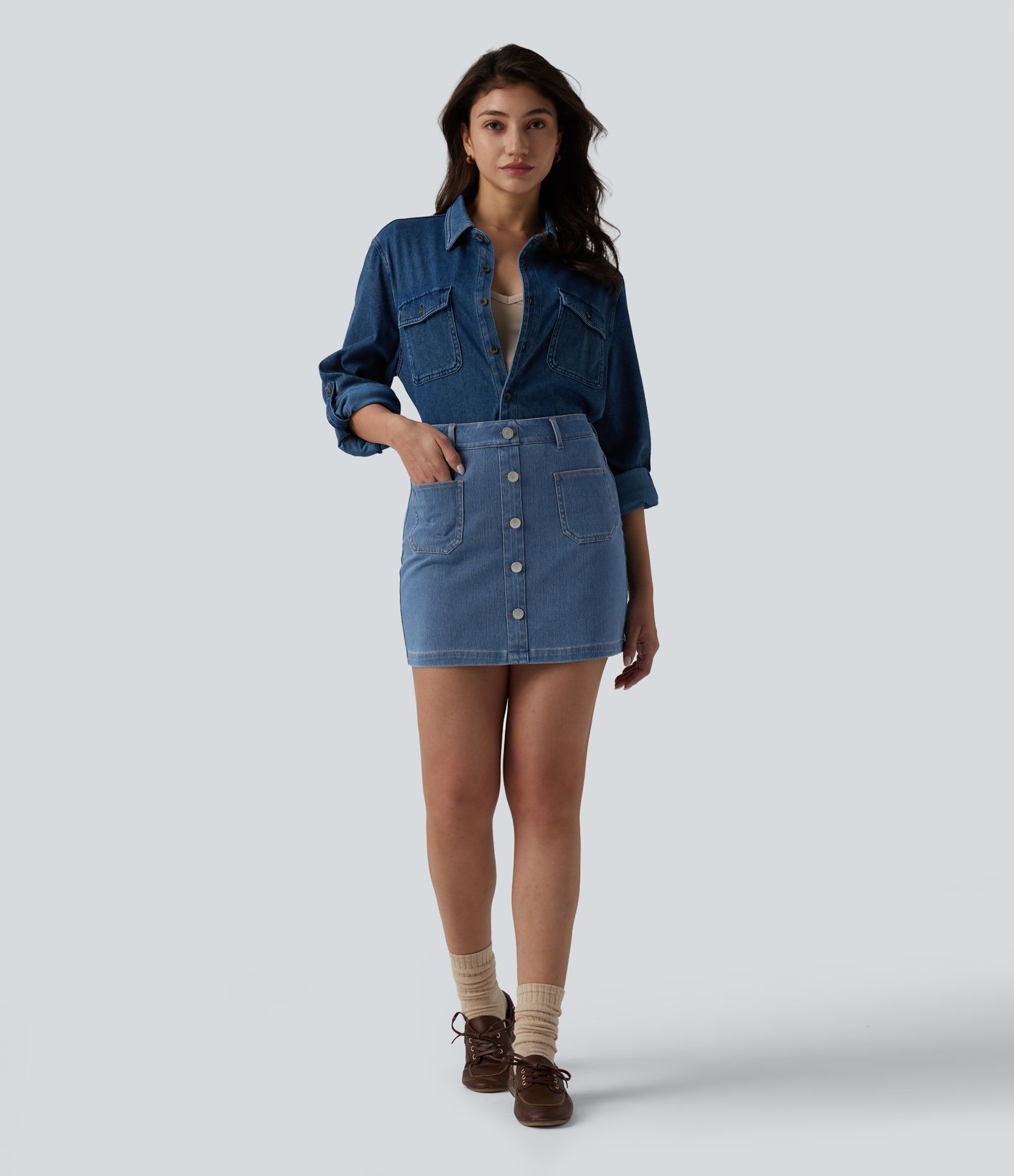 Halara Flex™ High Waisted Decorative Buttons Bodycon Mini Casual Denim Skirt with Pockets