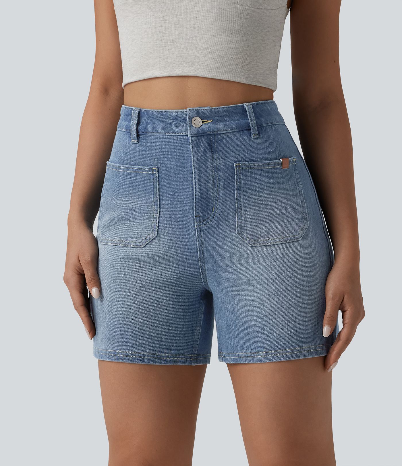 Halara Flex™ Denim-Shorts mit hohem Bund, gewaschen, lässig, 4'' mit Taschen Halara Flex™ Denim-Shorts mit hohem Bund, gewaschen, lässig, 4'' mit Taschen