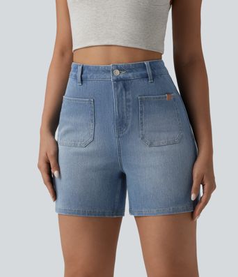 Halara Flex™ Denim-Shorts mit hohem Bund, gewaschen, lässig, 4'' mit Taschen Halara Flex™ Denim-Shorts mit hohem Bund, gewaschen, lässig, 4'' mit Taschen