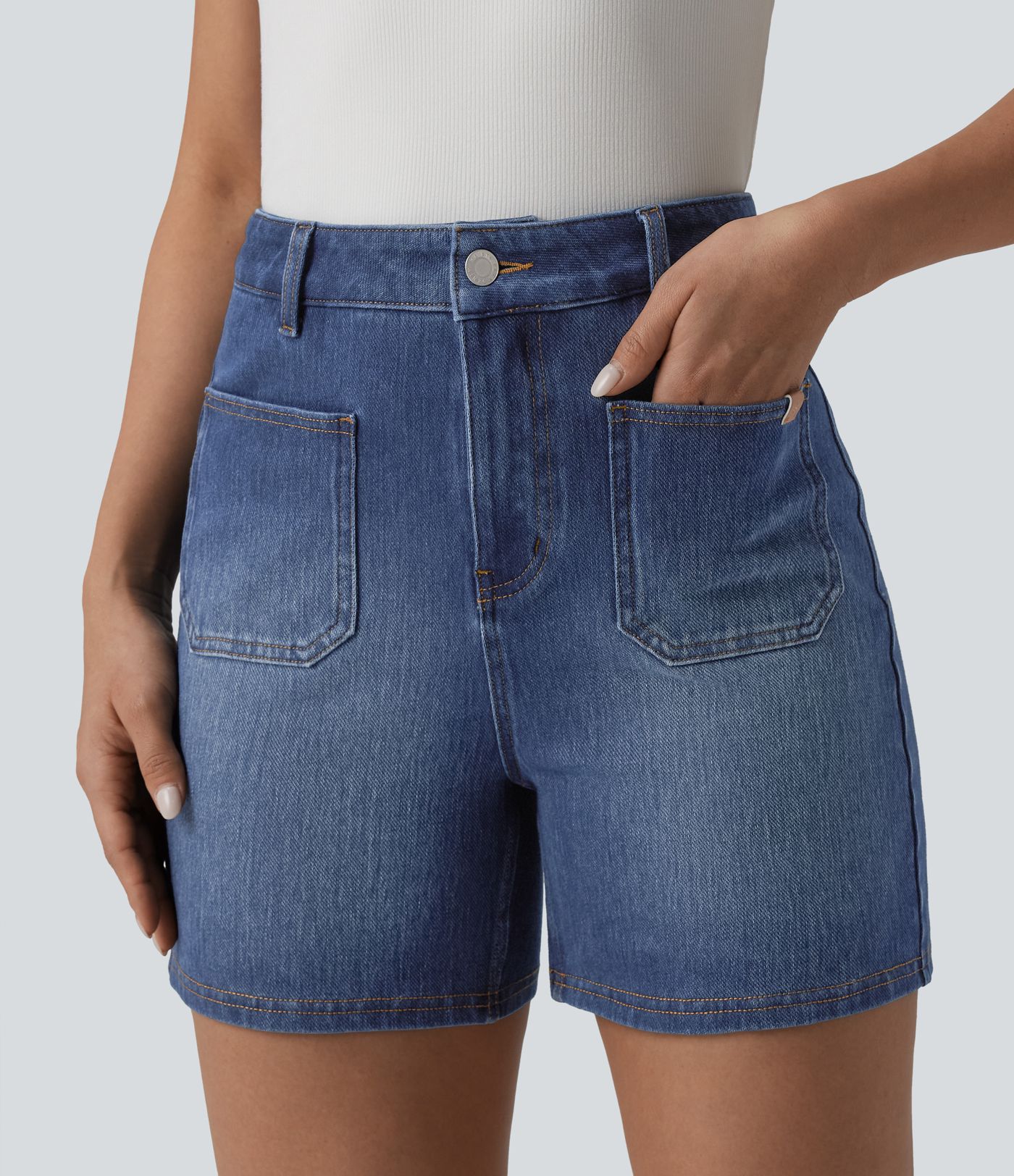 Halara Flex™ High Waisted Washed Denim Casual Shorts 4'' with Pockets Halara Flex™ High Waisted Washed Denim Casual Shorts 4'' with Pockets