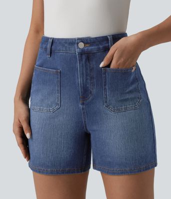 Halara Flex™ High Waisted Washed Denim Casual Shorts 4'' with Pockets Halara Flex™ High Waisted Washed Denim Casual Shorts 4'' with Pockets