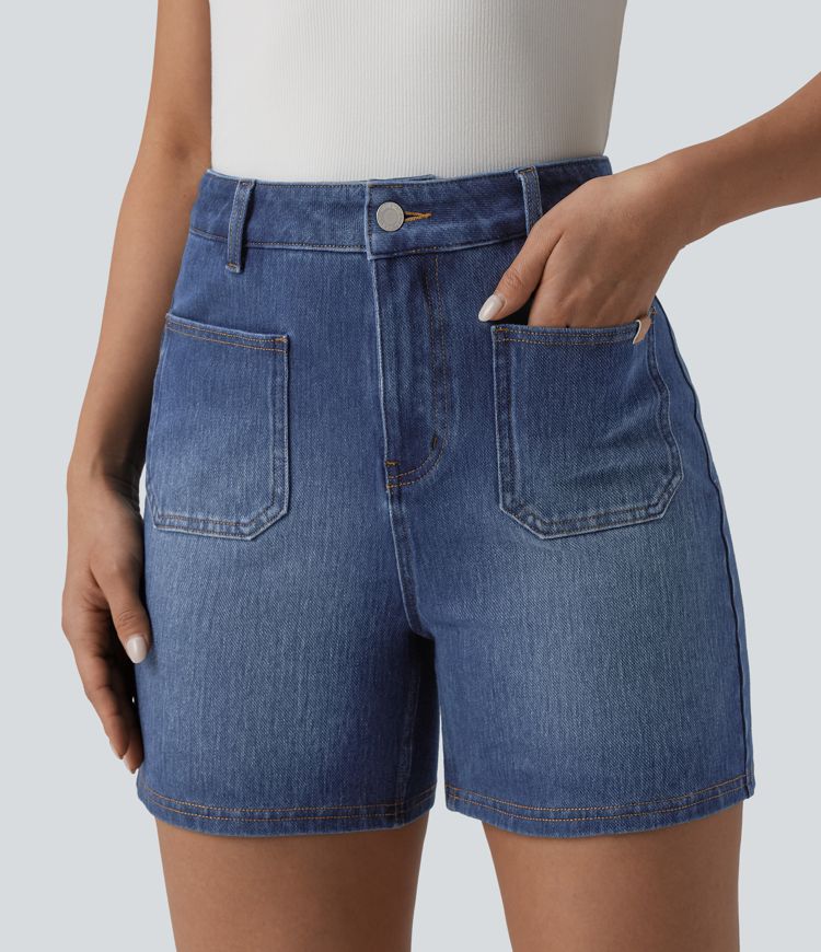 Halara Flex™ High Waisted Washed Denim Casual Shorts 4'' with Pockets Halara Flex™ High Waisted Washed Denim Casual Shorts 4'' with Pockets
