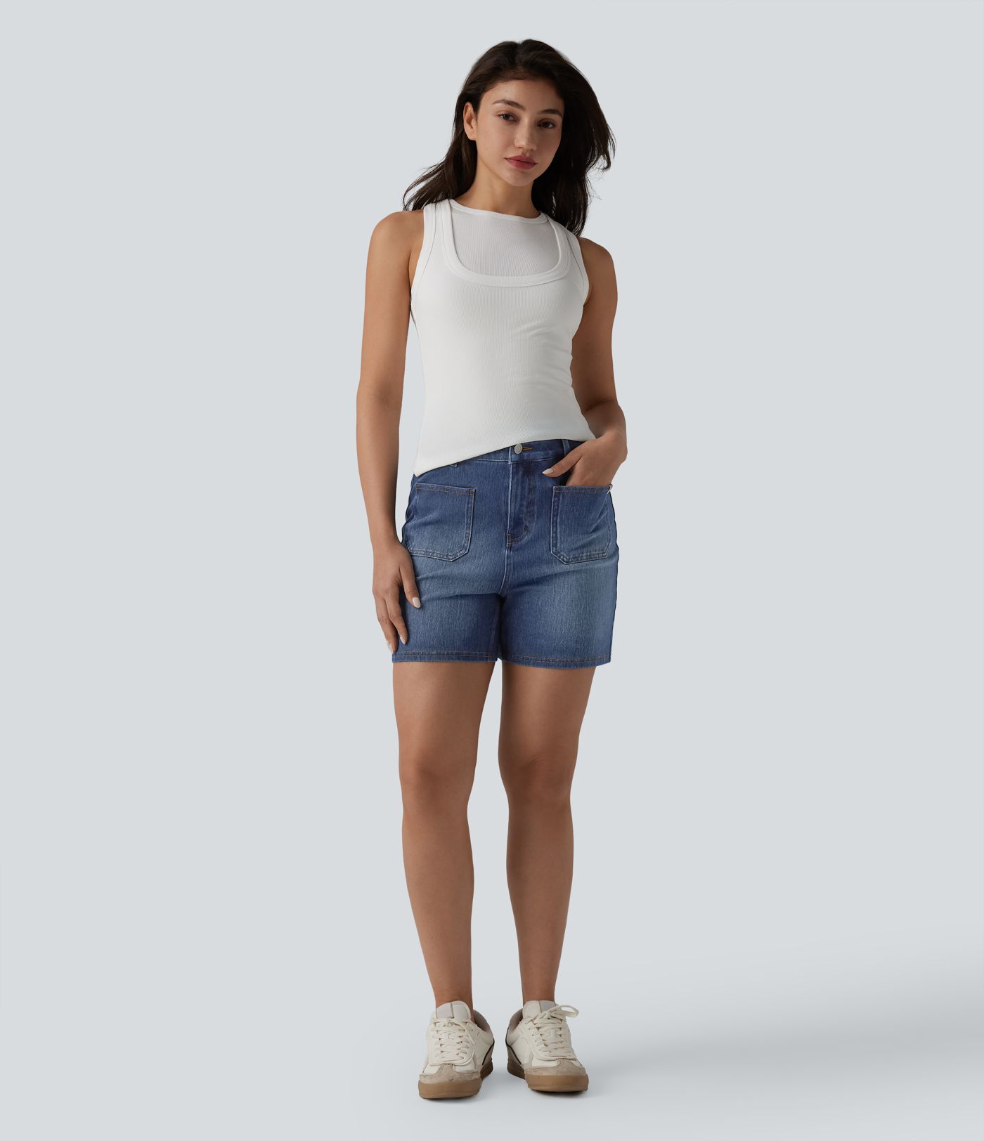 Halara Flex™ High Waisted Washed Denim Casual Shorts 4'' with Pockets Halara Flex™ High Waisted Washed Denim Casual Shorts 4'' with Pockets