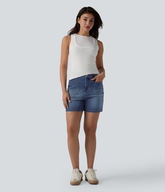 Halara Flex™ High Waisted Washed Denim Casual Shorts 4'' with Pockets Halara Flex™ High Waisted Washed Denim Casual Shorts 4'' with Pockets
