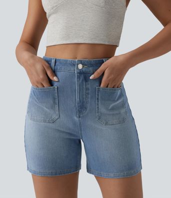 Halara Flex™ Denim-Shorts mit hohem Bund, gewaschen, lässig, 4'' mit Taschen Halara Flex™ Denim-Shorts mit hohem Bund, gewaschen, lässig, 4'' mit Taschen