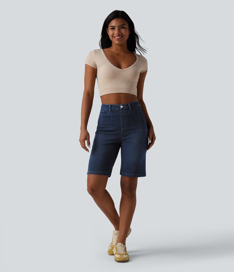 Halara Flex™ High Waisted Tummy Control Denim Casual Baggy Bermuda Shorts with Pockets