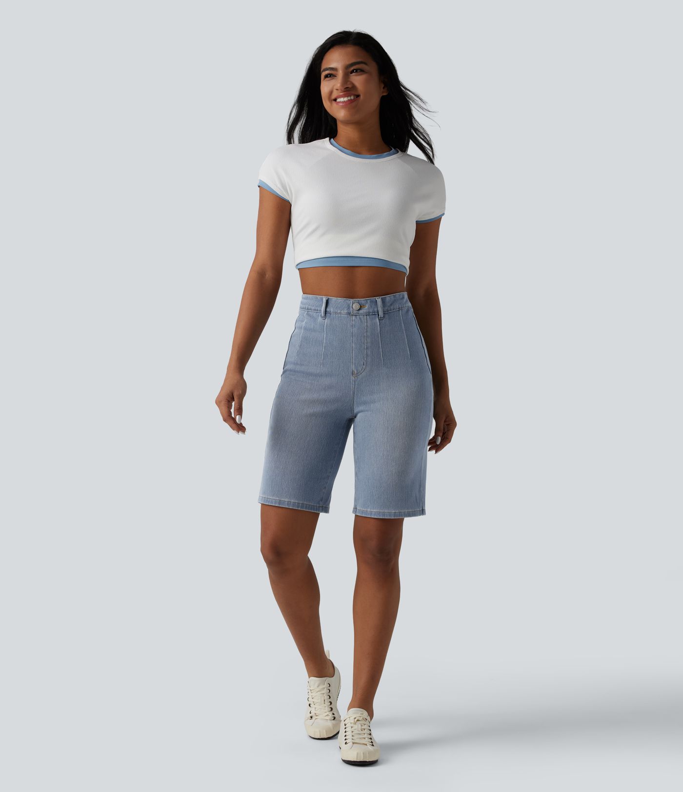 Halara Flex™ - Lässige Baggy-Bermuda-Shorts aus Denim mit hohem Bund, Gesäßtaschen und Bauchkontrolle
