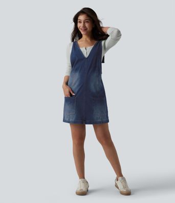 Halara Flex™ casual V-neck mini dress in washed denim with pockets