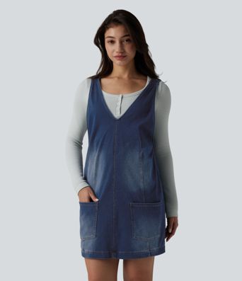 Halara Flex™ casual V-neck mini dress in washed denim with pockets