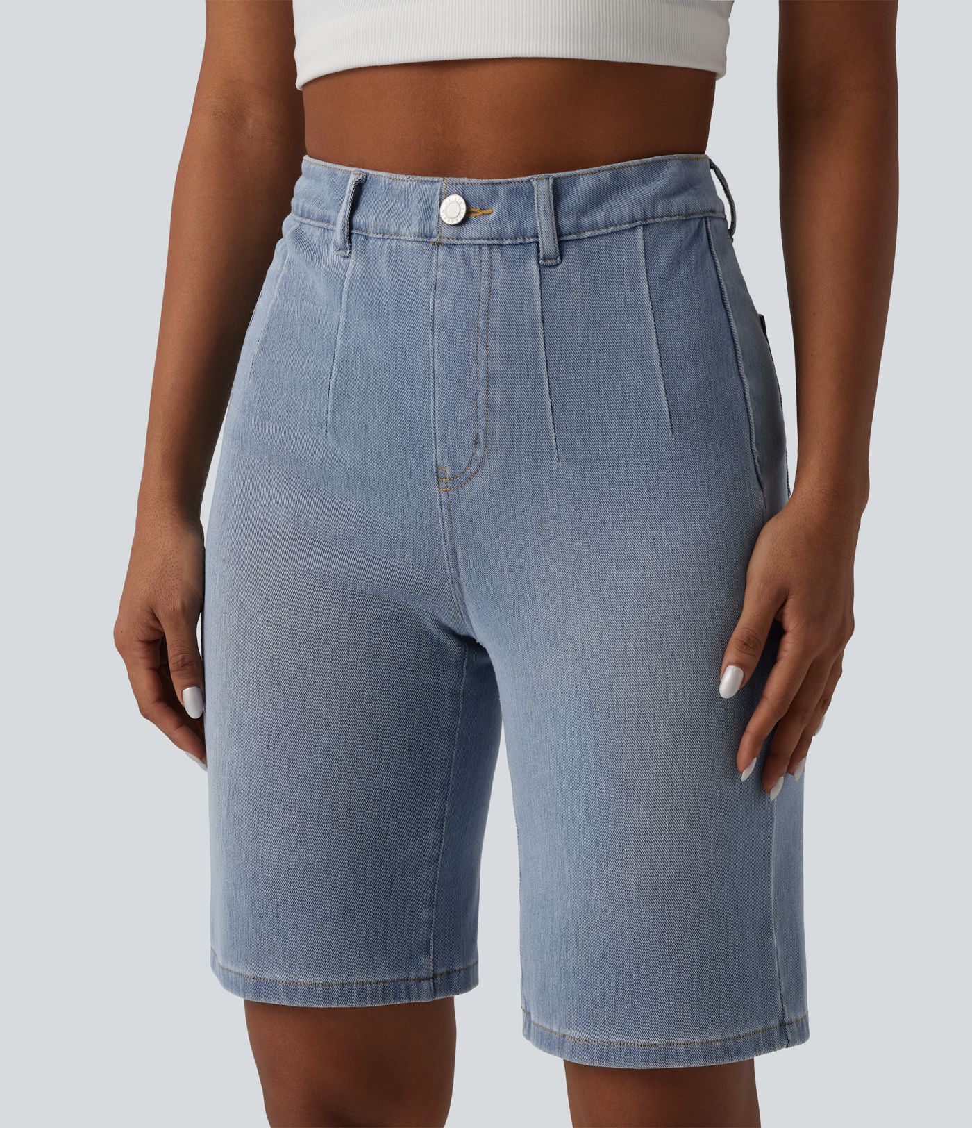 Halara Flex™ - Lässige Baggy-Bermuda-Shorts aus Denim mit hohem Bund, Gesäßtaschen und Bauchkontrolle