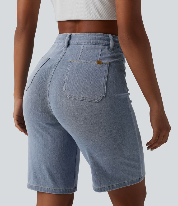 Halara Flex™ - Lässige Baggy-Bermuda-Shorts aus Denim mit hohem Bund, Gesäßtaschen und Bauchkontrolle
