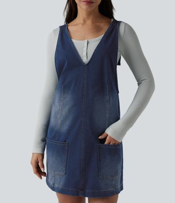 Halara Flex™ casual V-neck mini dress in washed denim with pockets