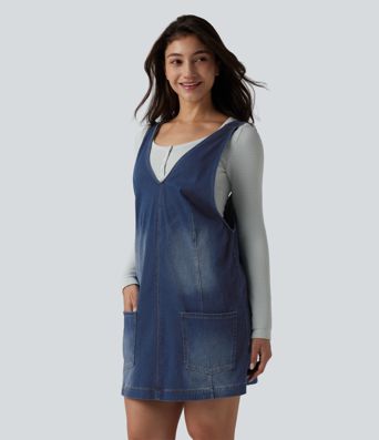 Halara Flex™ casual V-neck mini dress in washed denim with pockets
