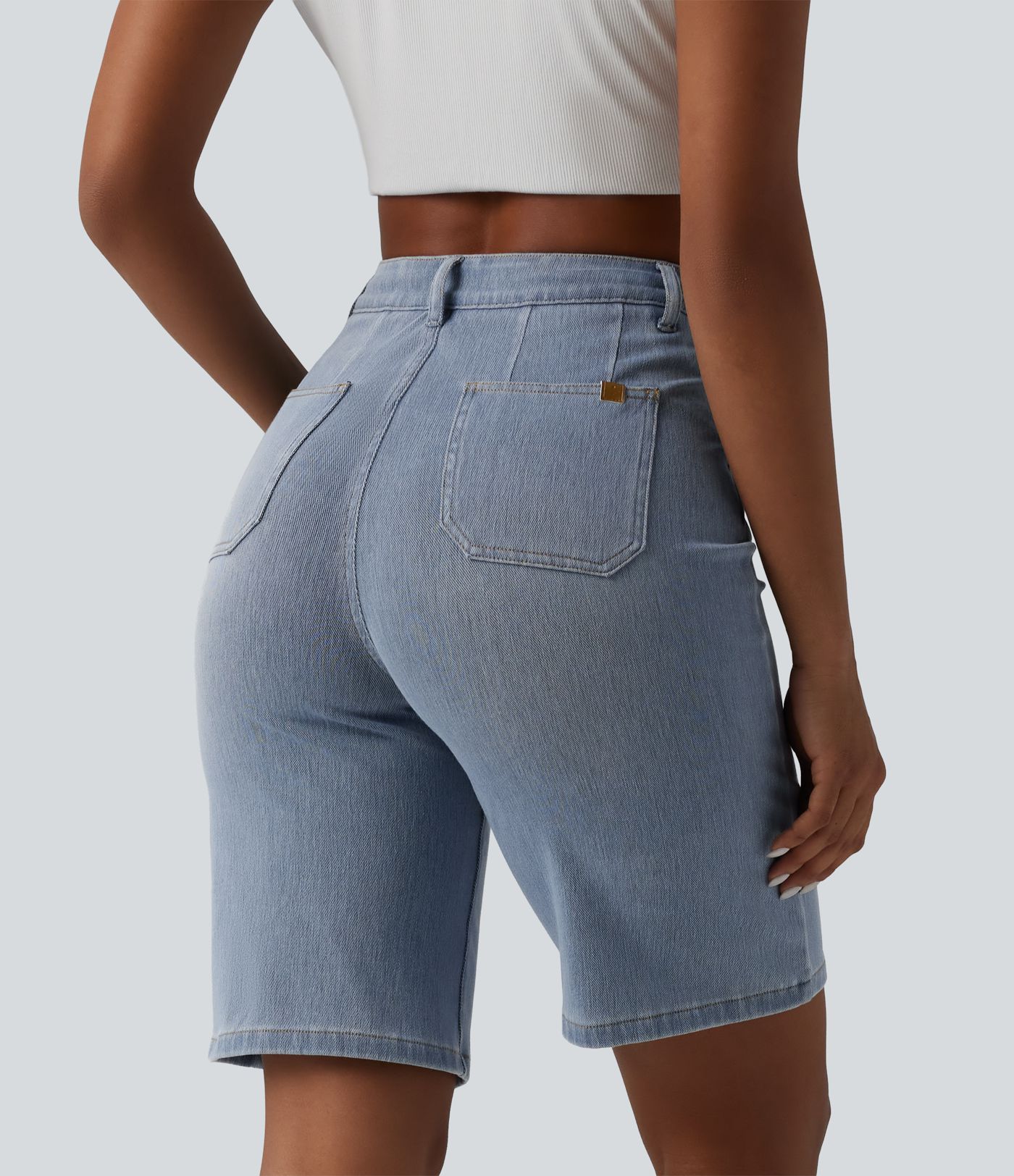 Halara Flex™ - Lässige Baggy-Bermuda-Shorts aus Denim mit hohem Bund, Gesäßtaschen und Bauchkontrolle