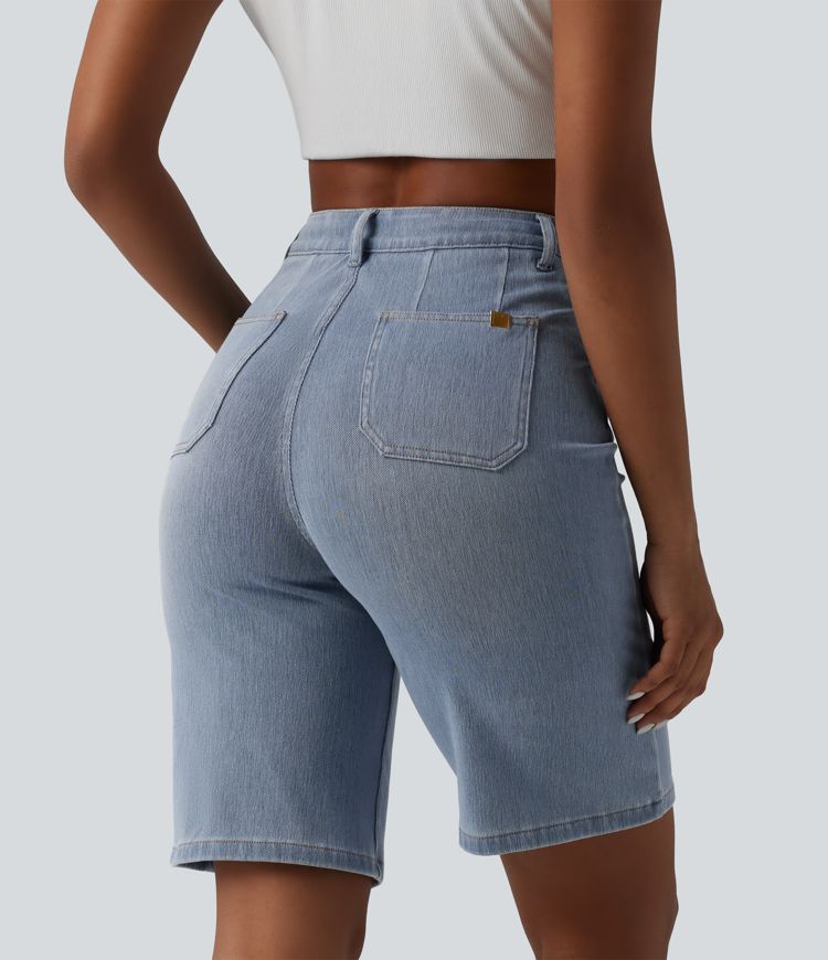 Halara Flex™ - Lässige Baggy-Bermuda-Shorts aus Denim mit hohem Bund, Gesäßtaschen und Bauchkontrolle
