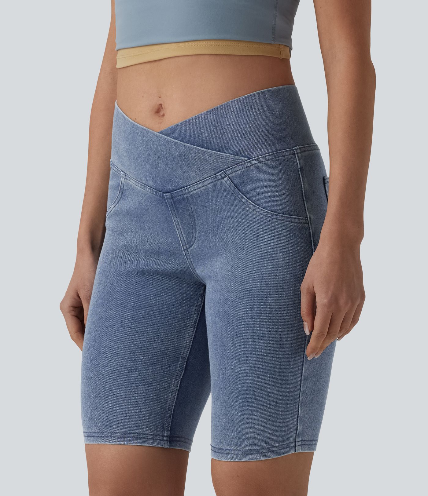 Halara Flex™ Crossover Mid Rise Denim Casual Skinny Shorts 9'' with Pockets Halara Flex™ Crossover Mid Rise Denim Casual Skinny Shorts 9'' with Pockets