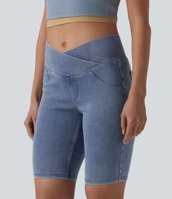 Halara Flex™ Crossover Mid Rise Denim Casual Skinny Shorts 9'' with Pockets Halara Flex™ Crossover Mid Rise Denim Casual Skinny Shorts 9'' with Pockets