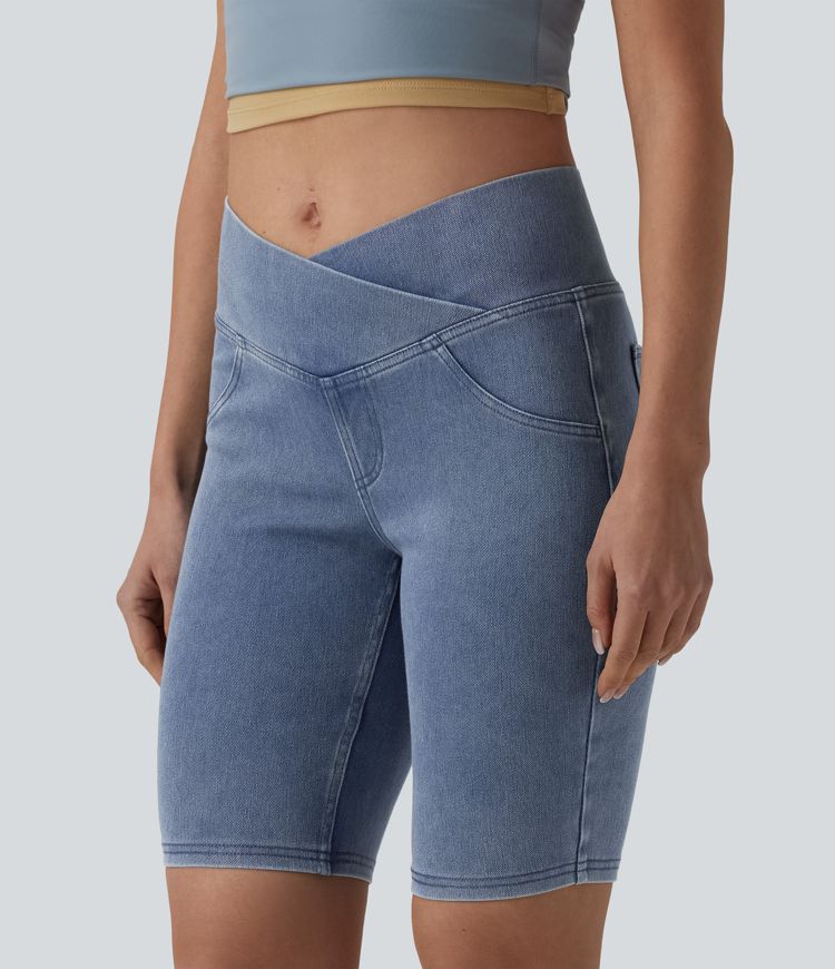 Halara Flex™ Crossover Mid Rise Denim Casual Skinny Shorts 9'' with Pockets Halara Flex™ Crossover Mid Rise Denim Casual Skinny Shorts 9'' with Pockets