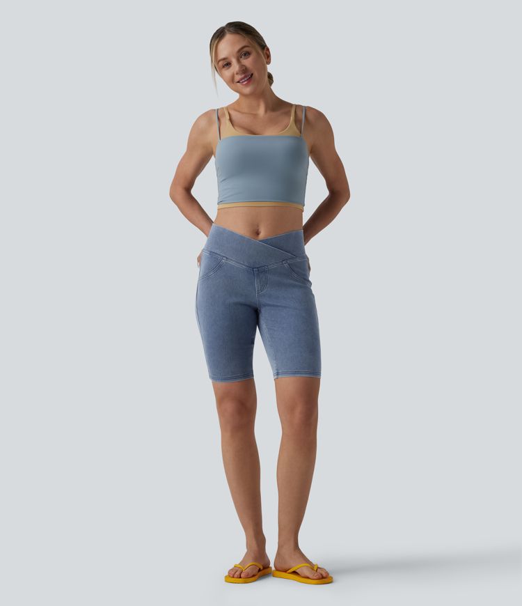 Halara Flex™ Crossover Mid Rise Denim Casual Skinny Shorts 9'' with Pockets Halara Flex™ Crossover Mid Rise Denim Casual Skinny Shorts 9'' with Pockets