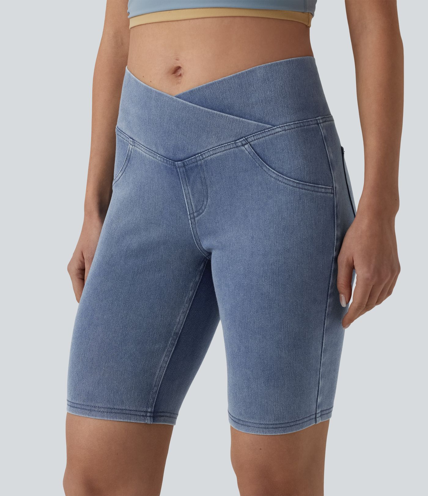 Halara Flex™ Crossover Mid Rise Denim Casual Skinny Shorts 9'' with Pockets Halara Flex™ Crossover Mid Rise Denim Casual Skinny Shorts 9'' with Pockets