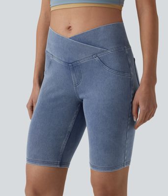 Halara Flex™ Crossover Mid Rise Denim Casual Skinny Shorts 9'' with Pockets Halara Flex™ Crossover Mid Rise Denim Casual Skinny Shorts 9'' with Pockets